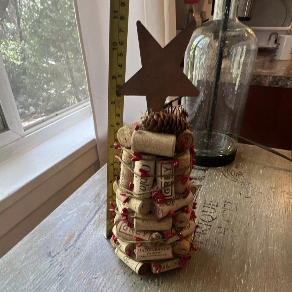 Handmade Wine Cork Christmas Topiary Decorated Tree w/ Metal Star Topper